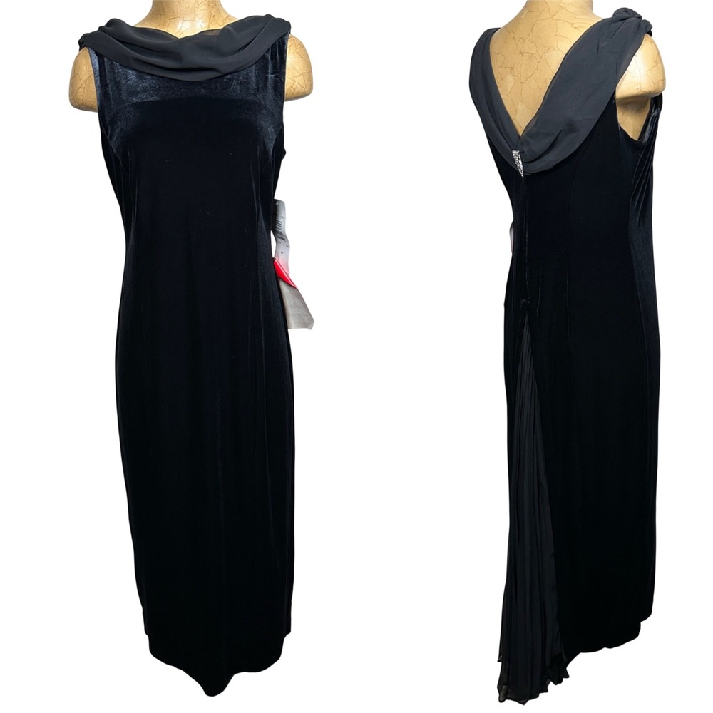 Robbie Bee Black Velvet Gown Chiffon Drape‎ Back 8P Goth Vamp Hollywood Formal